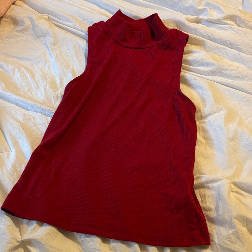 Sleeveless Red Ribbed Turtleneck Top